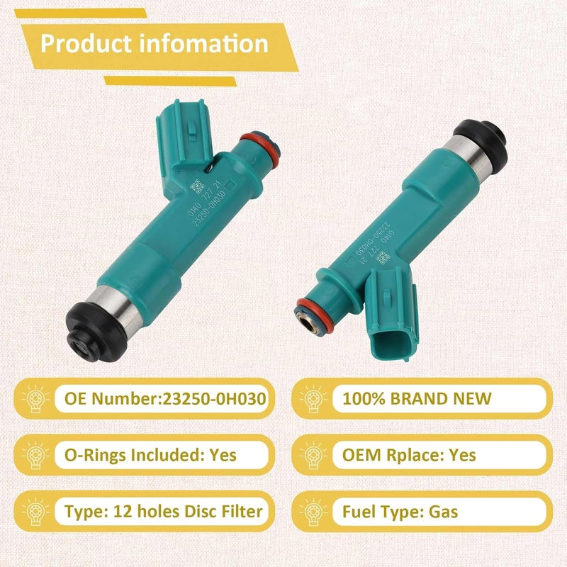 Pjvmvo 23209-0H030 حقن وقود OE 2.4L، متوافق مع/تويوتا 2.4L كامري كورولا راف4 هايلاندر 2004 2005 2006 2007 2008 2009 2010 2011 2012 2013، متوافق مع/سايون tC xB، |12 ثقب| |مجموعة من 4| - Image 3